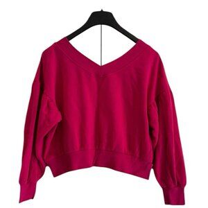 Wild Fable Hot Pink V-Neck Cropped Balloon Sleeve Sweatshirt Juniors Size Large